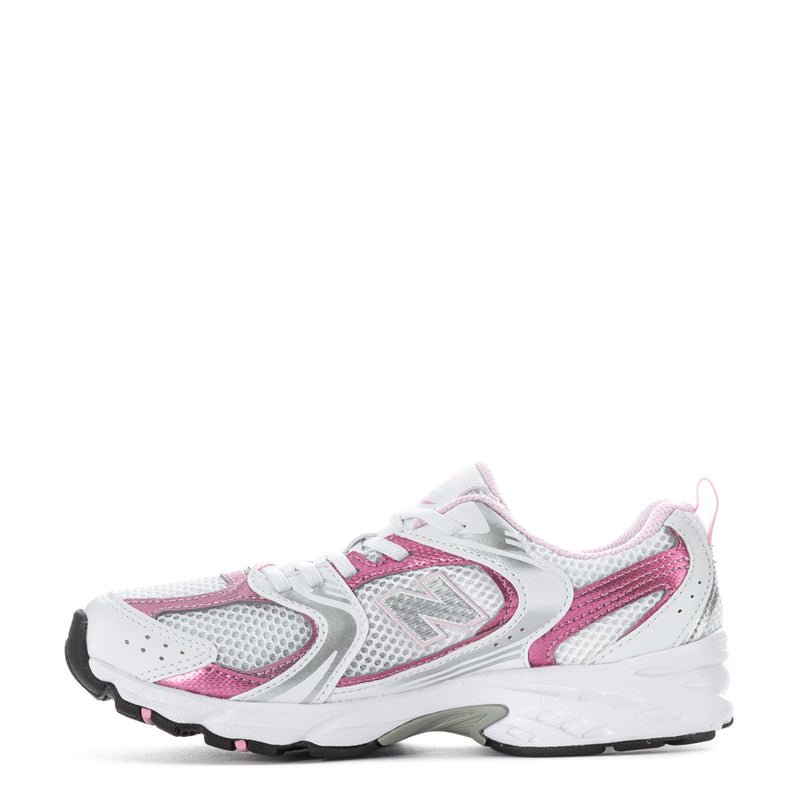 Kids running shoes side view, white with pink accents, breathable mesh and laces