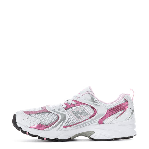 Kids running shoes side view, white with pink accents, breathable mesh and laces