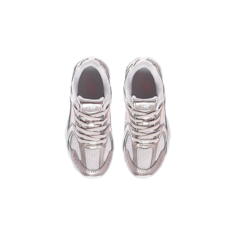 Kids lace-up sneakers, shell pink metallic uppers with padded collar and gray lining