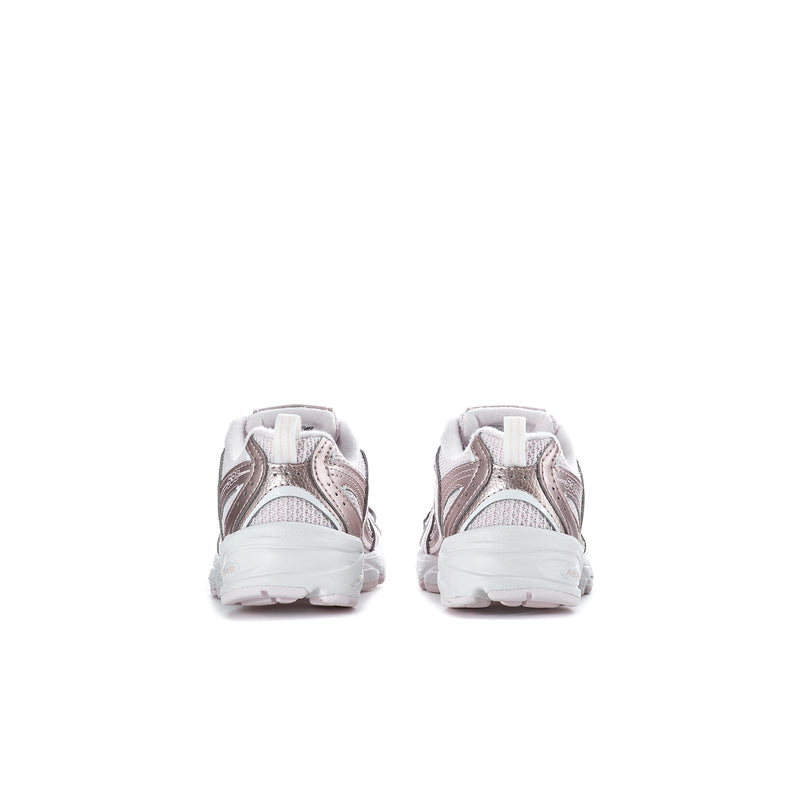 Kids lace-up running sneakers, shell pink metallic uppers with white heel and midsole