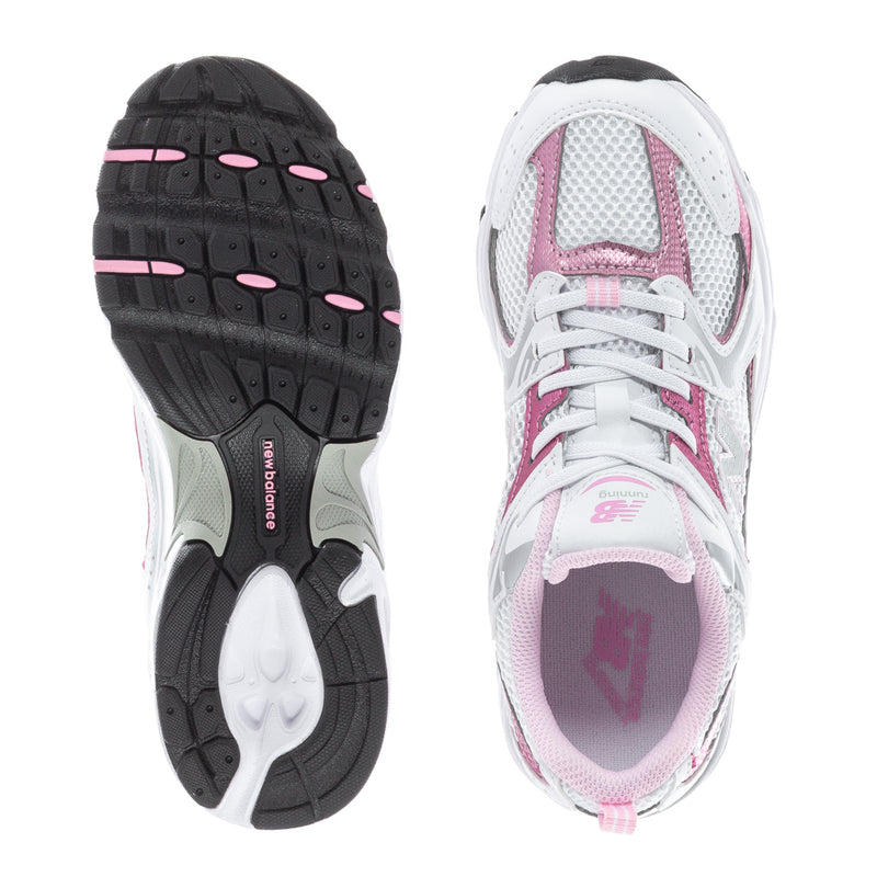 Kids sneaker outsole and upper, white with pink mesh panels, lace-up style