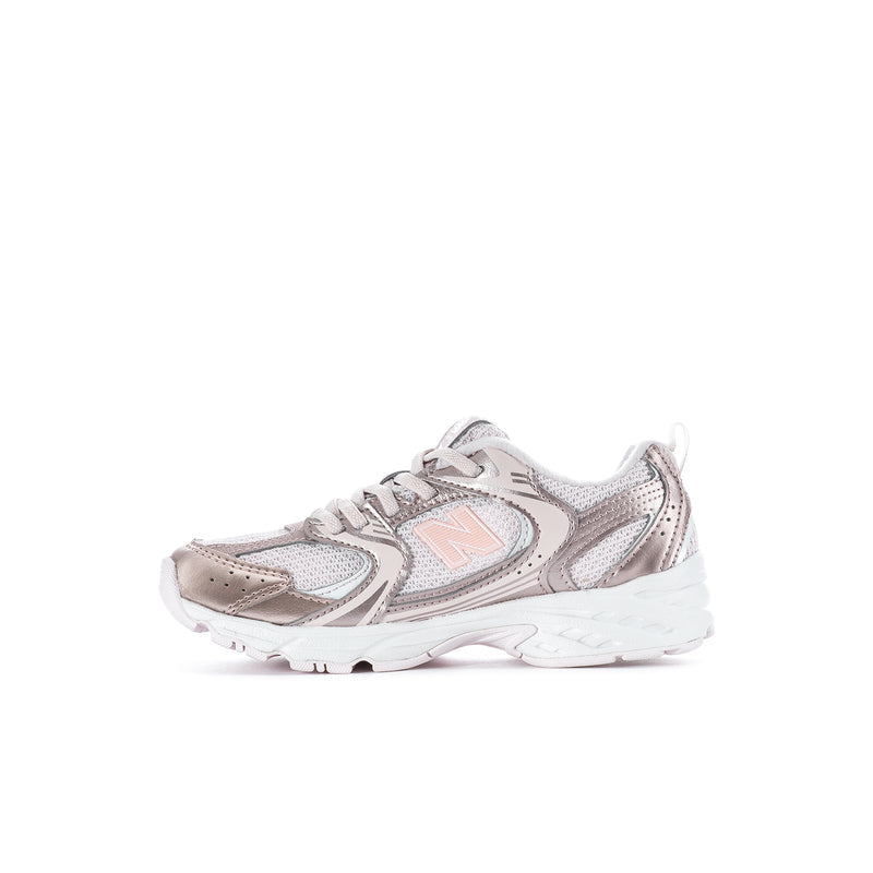 Kids lace-up running sneakers, shell pink with metallic overlays, orange N logo, white sole