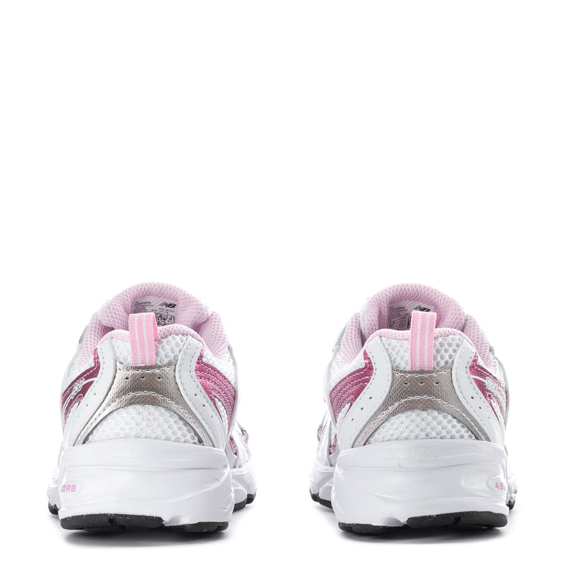 Kids sneaker heel view, white with pink trim, lace-up mesh upper and rubber sole