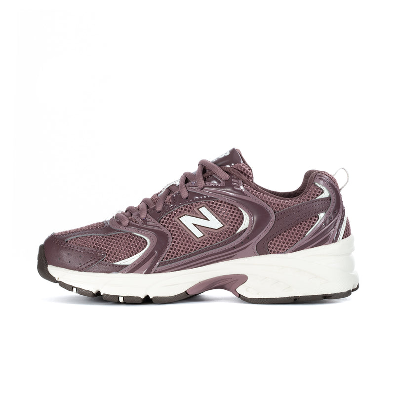 Women’s maroon New Balance 530 wide running shoes, side profile with white midsole