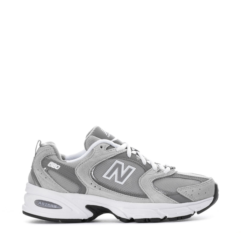 Women's wide gray New Balance 530 sneaker with white laces and N logo