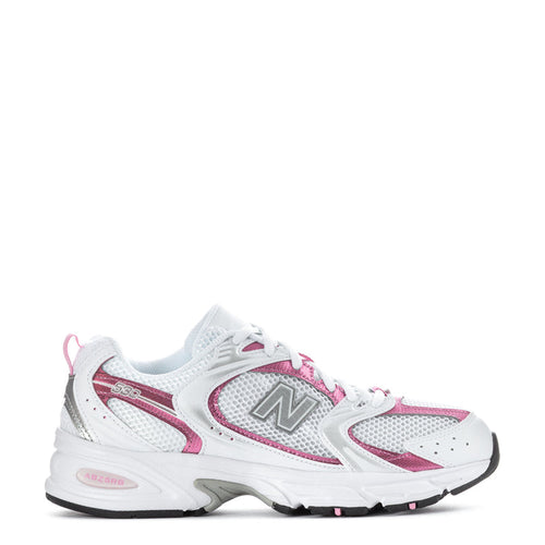 White and pink lace-up running shoe with N logo and sculpted midsole