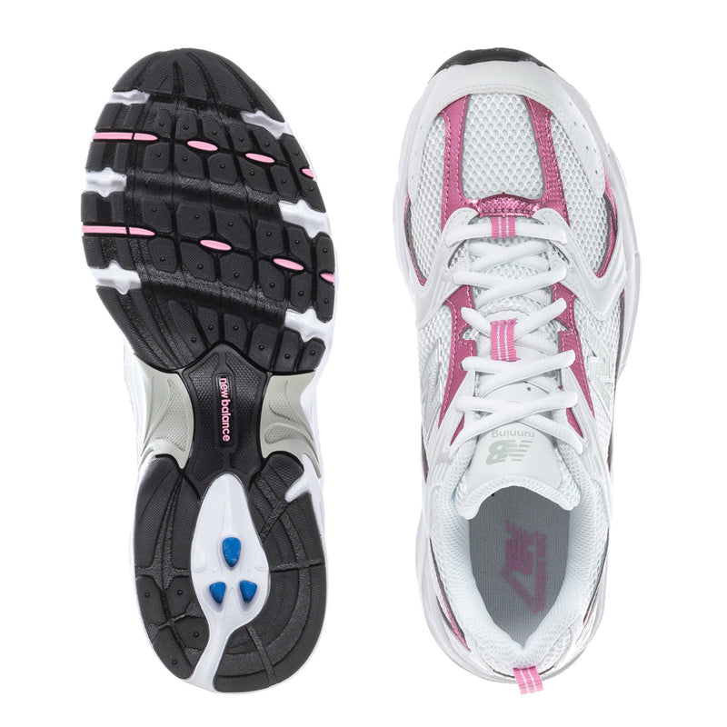 White and pink mesh running sneaker with lace-up front and padded collar