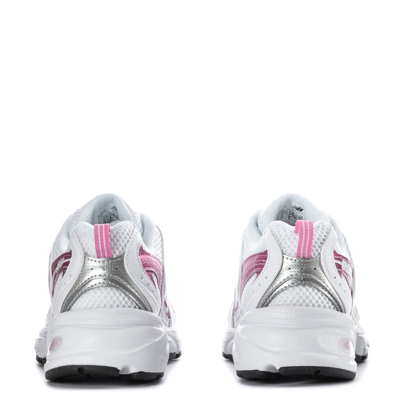 White and pink mesh sneakers, rear view with heel pull tab