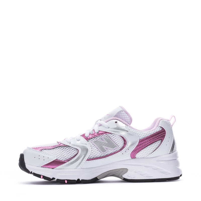 Youth lace-up running sneaker in white with pink accents, lateral side view