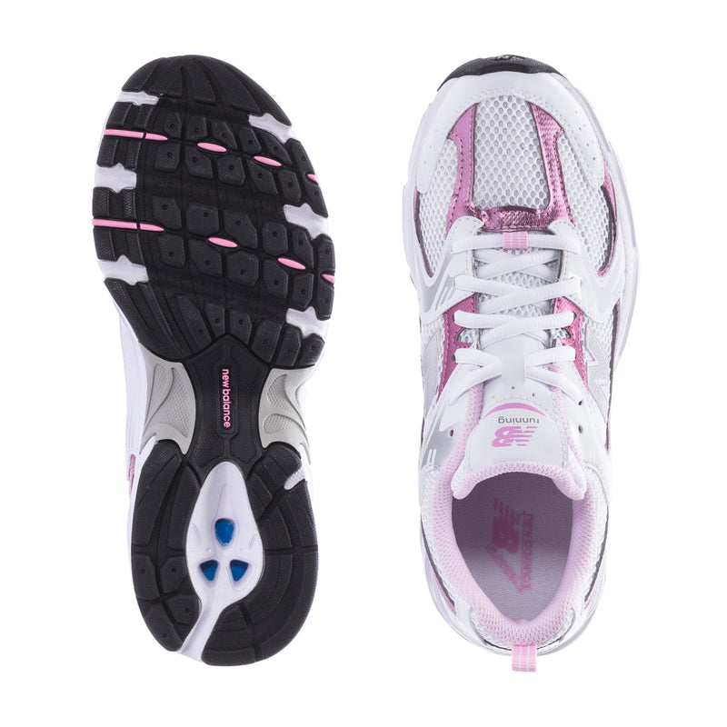 Youth sneaker showing outsole and inside lining, white with pink trim