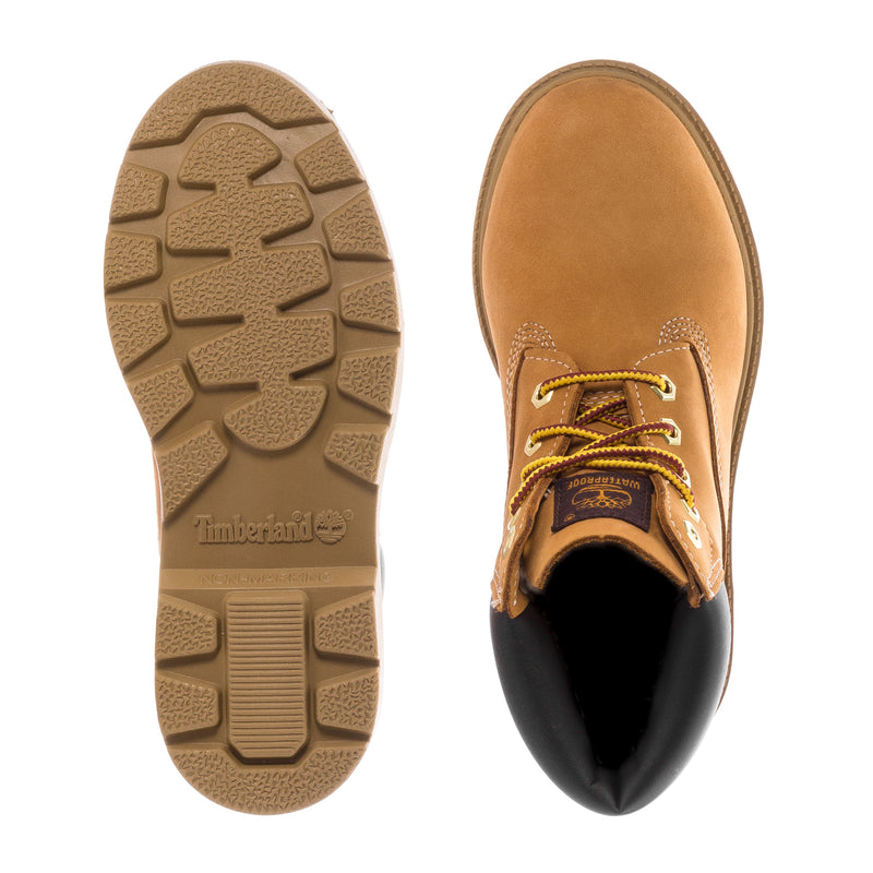 Kids boot soles and inner view; tan tread with black-lined collar