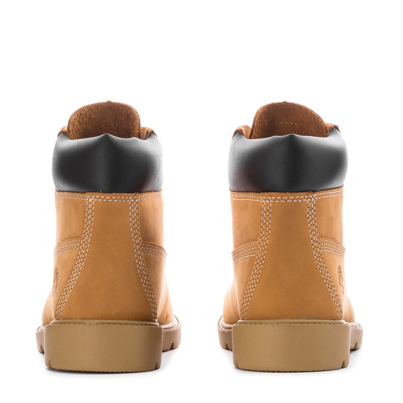 Kids tan nubuck boots back view with pull tab and padded black collar