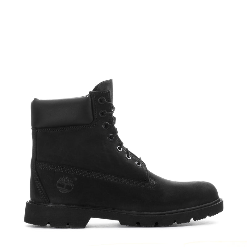 Men's black lace-up work boot with padded collar and side logo, rugged tread sole