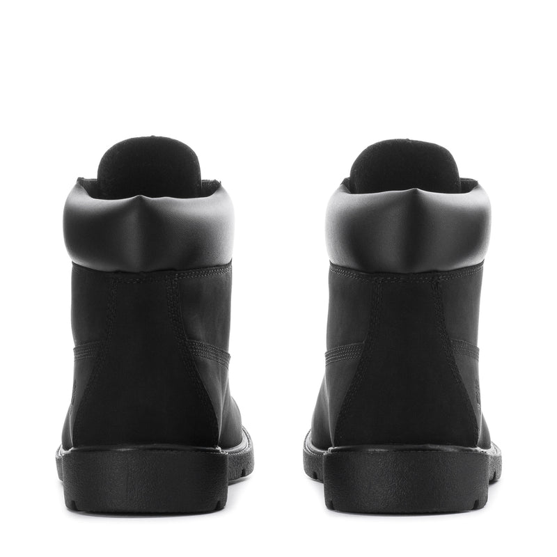 Youth black high-top boots with low profile heel and padded back collar