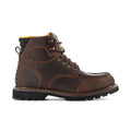 Men's 6-inch moc-toe lace-up boots, side view in brown with thick sole and padded tongue