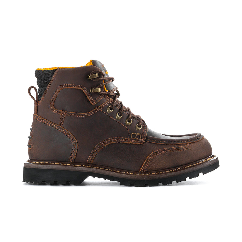 Men's 6-inch moc-toe lace-up boots, side view in brown with thick sole and padded tongue