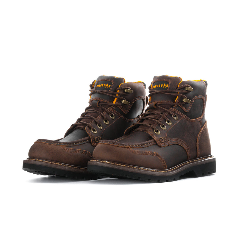 Men's 6-inch moc-toe lace-up boots in brown, with padded collar and orange lining