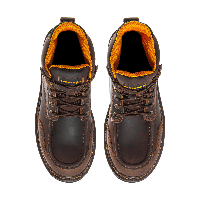 Men's 6-inch moc-toe lace-up boots, front view with yellow-orange interior lining