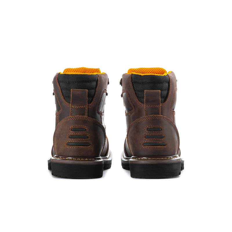 Men's 6-inch moc-toe boots, rear view with black rubber sole and orange collar lining