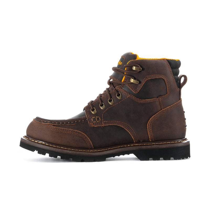 Men's 6-inch moc-toe lace-up boots, side profile in brown with rugged traction sole