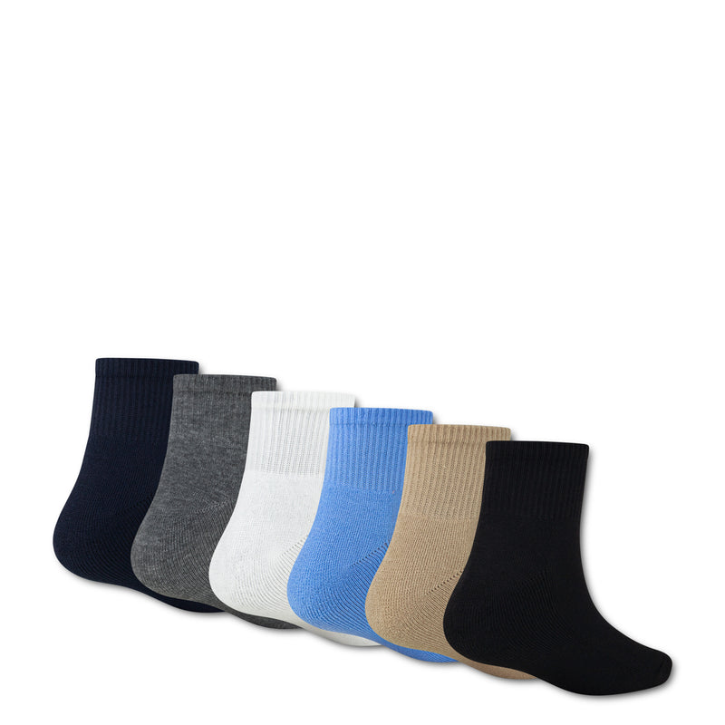 6-pack ankle quarter socks in dark navy, gray, white, blue, khaki, and black