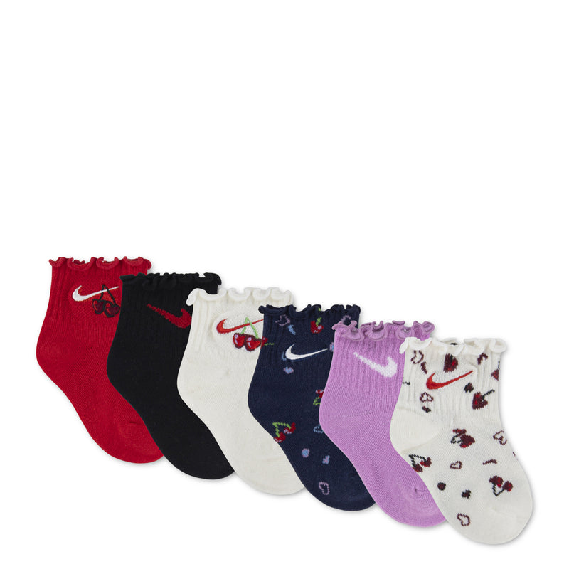 Infant lettuce cuff socks, 6-pack with Nike swoosh; red, black, white, navy, purple and patterned pairs