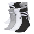 Kids crew socks multipack: white, black, heather grey with striped and trefoil prints