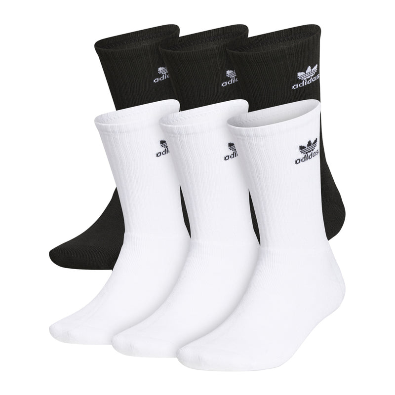 6-pack crew socks in white and black, assorted pairs with adidas logos