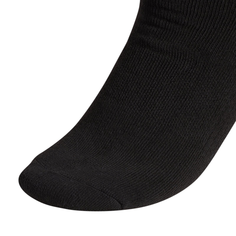 Black crew sock close-up showing ribbed knit and smooth toe