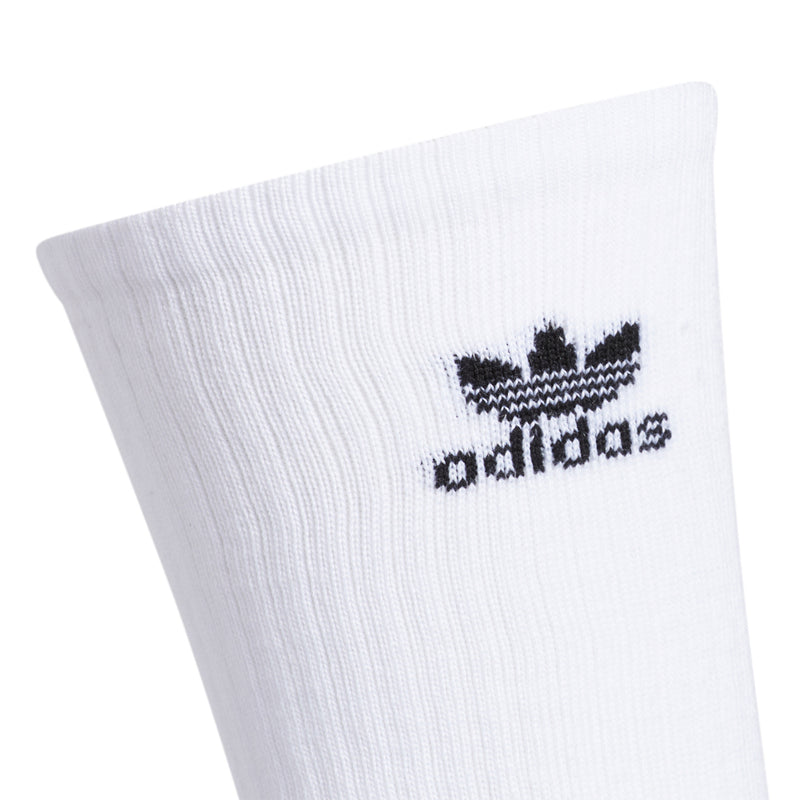 White crew sock with black adidas logo on the leg
