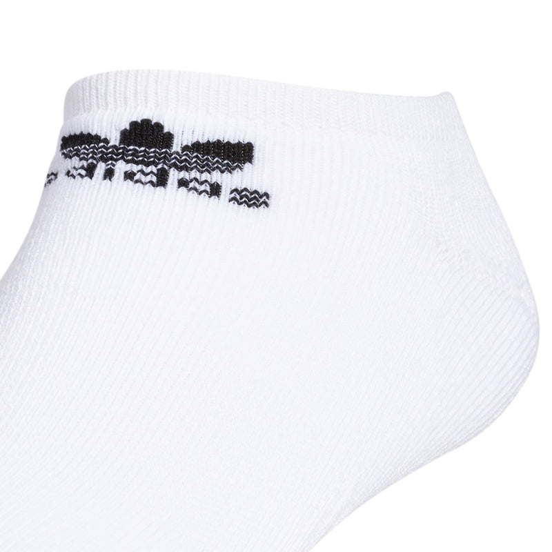 White no-show socks with black patterned logo on ribbed cuff