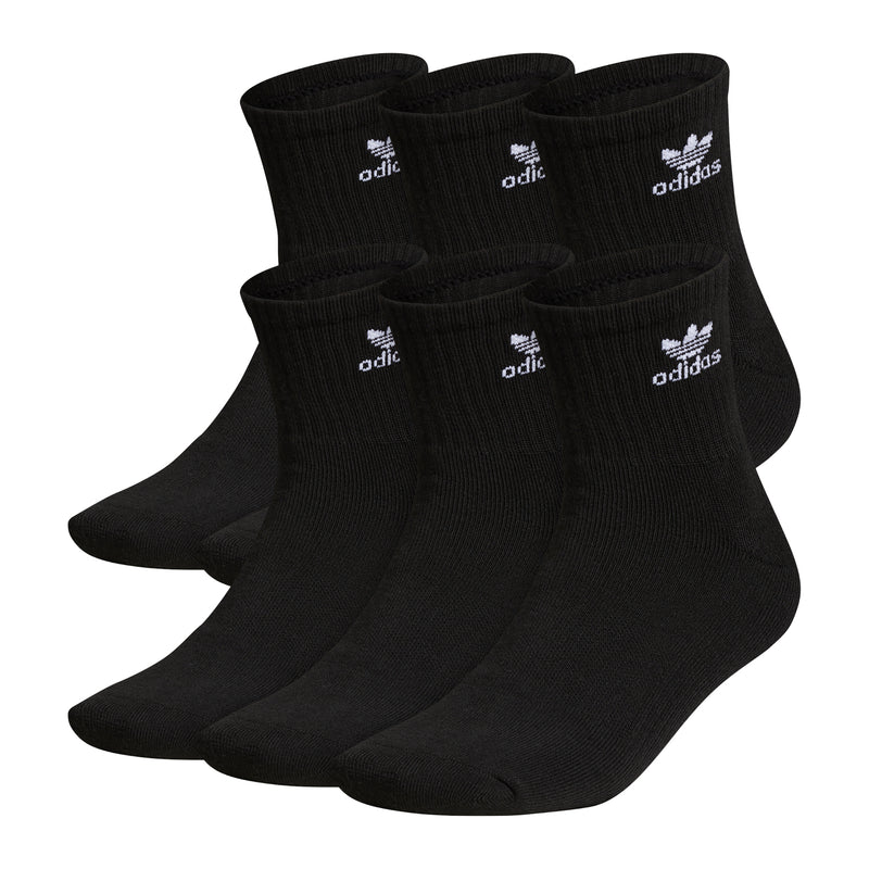 Adidas 6-pack quarter crew socks, black with white logo at the cuff