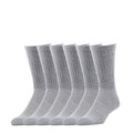 Six-pack grey crew work socks, ribbed knit and crew height for daily wear