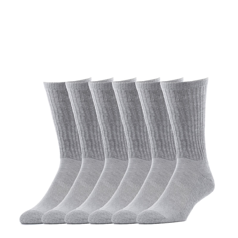 Six-pack grey crew work socks, ribbed knit and crew height for daily wear