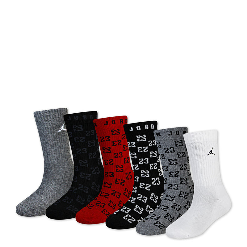 6-pack medium crew socks, patterned monogram in gray, black, red, and white