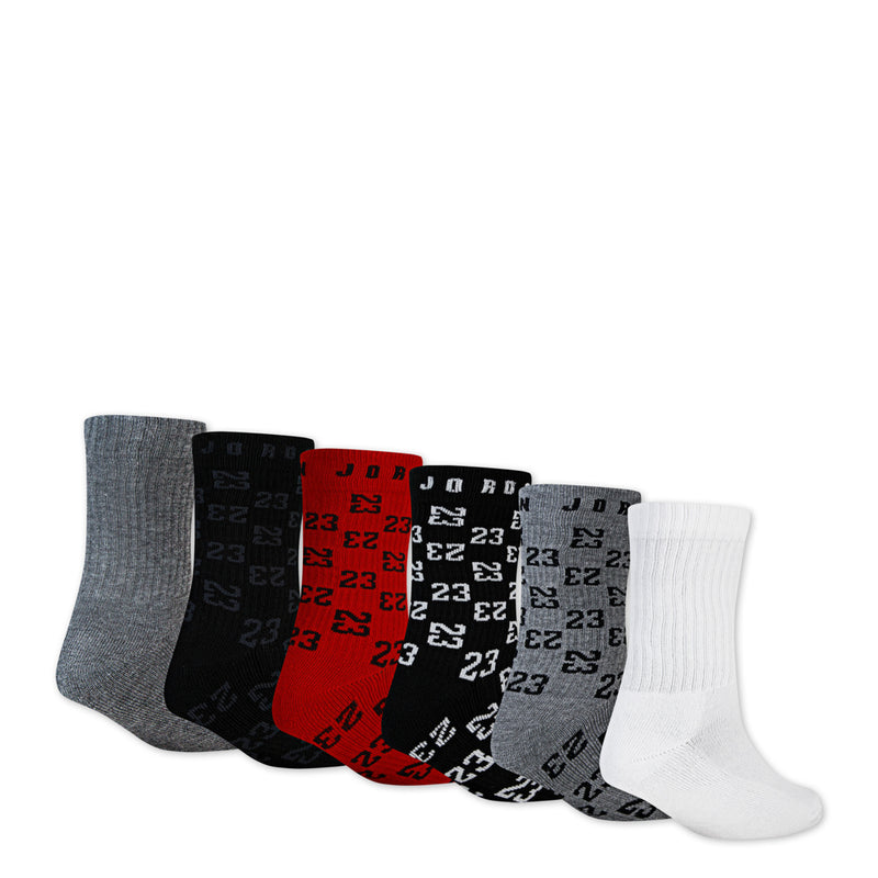 6-pack medium crew socks with monogram pattern, shown in gray, black, red, and white