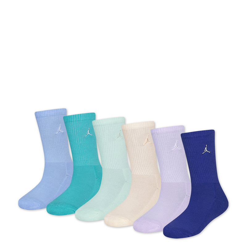 6-pack crew socks with Jordan logos, pastel colors: light blue, teal, mint, beige, lavender, navy
