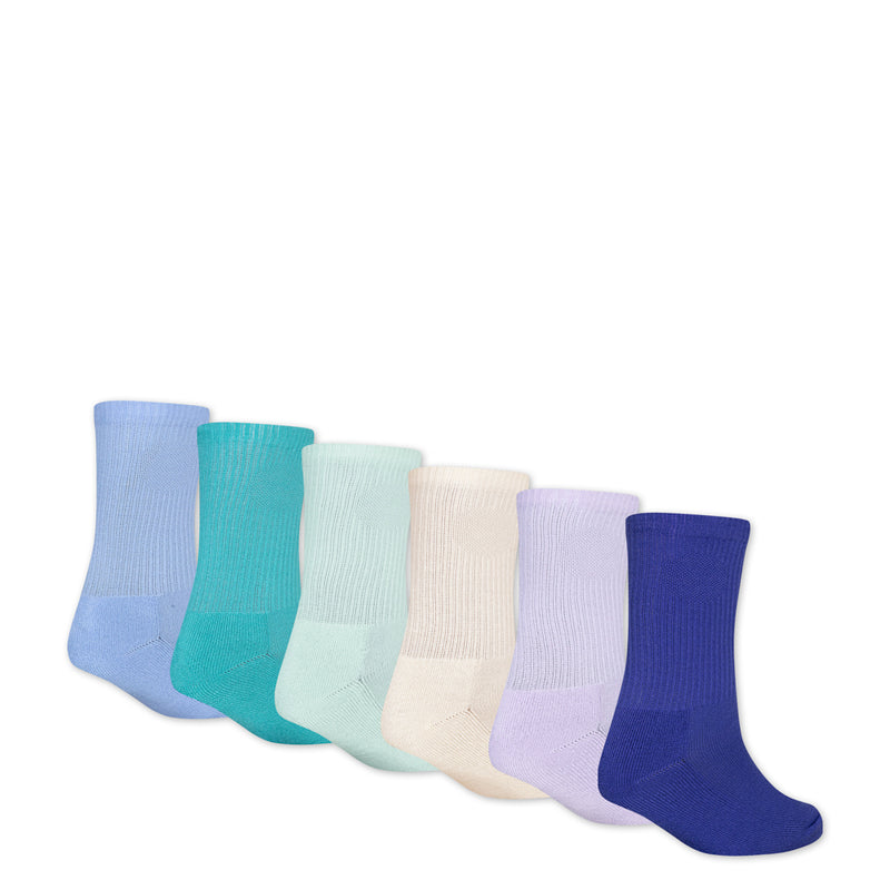 6-pack crew socks with Jordan logos, pastel assortment: light blue, teal, mint, beige, lavender, dark navy