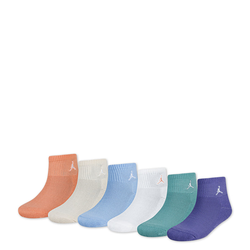 Six-pack quarter socks: orange, cream, light blue, white, teal, purple, Jordan logos