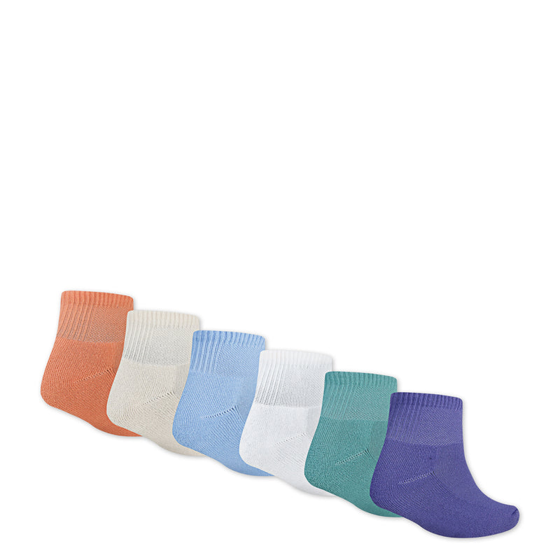 Six-pack quarter socks laid out in orange, cream, blue, white, teal, purple with Jordan logo
