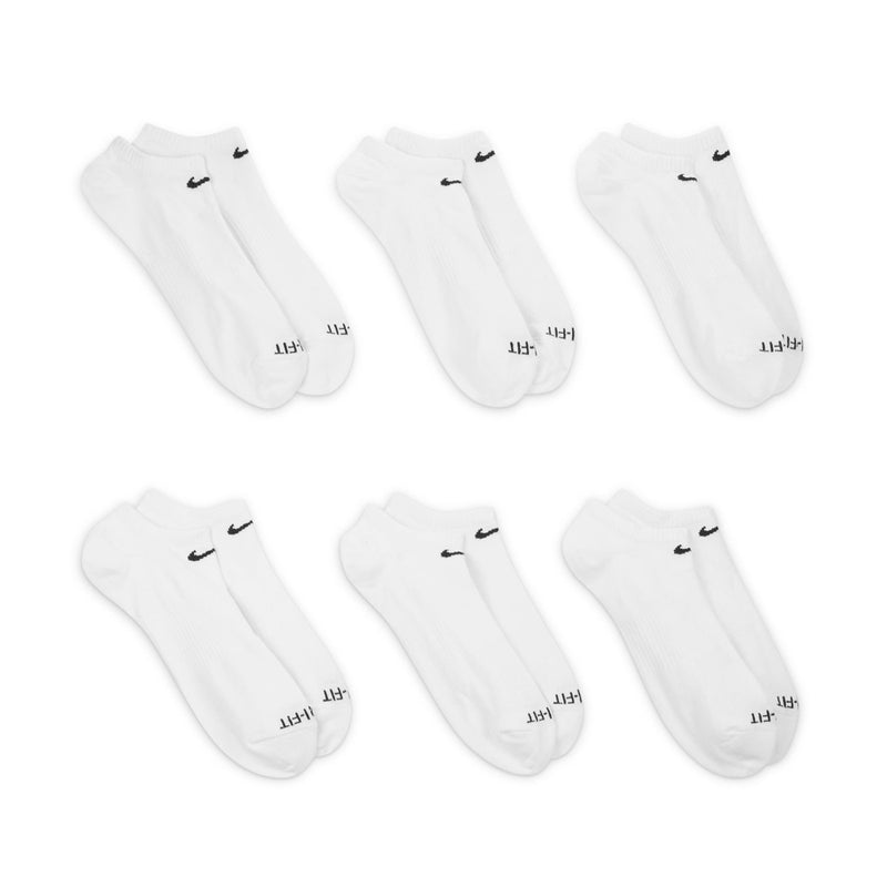 White no-show ankle socks, six pairs, black Nike swoosh on each cuff