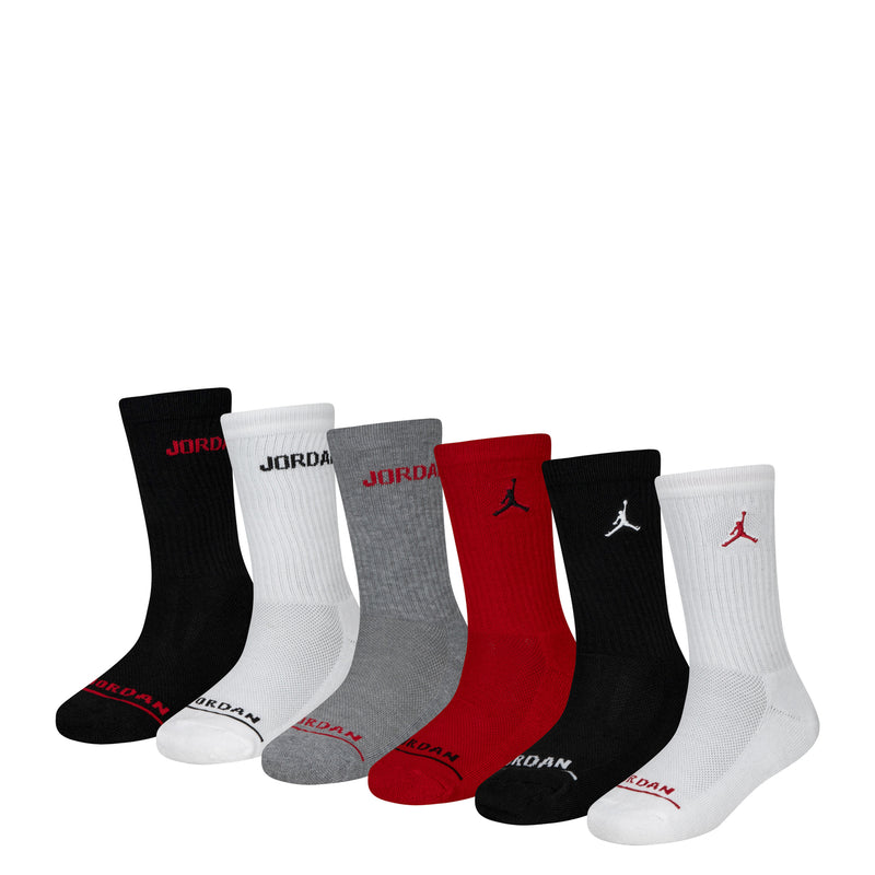 6-pack crew socks: black, white, gray, red with JORDAN and Jumpman logos