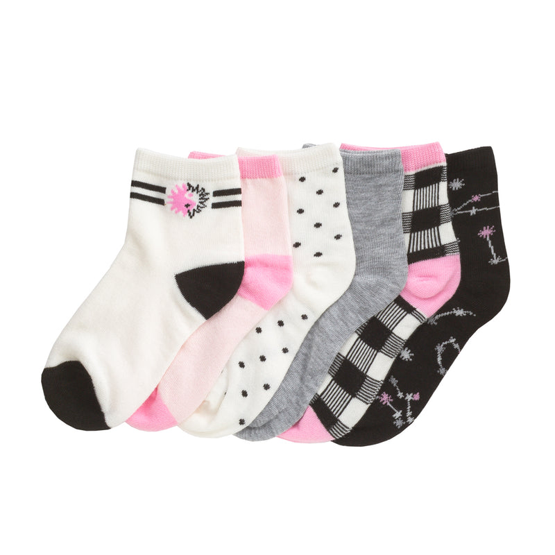 6-pack low-cut socks, ivory pink black with stars and stripe patterns