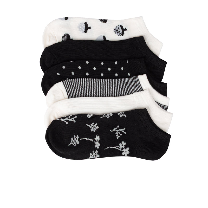 6-pack medium no-show socks, mixed black-and-white patterns with stripes and icons