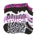 6-pack no-show socks, purple black white animal print and zebra stripes