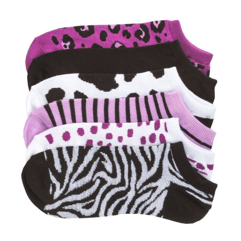 6-pack no-show socks, purple black white animal print and zebra stripes
