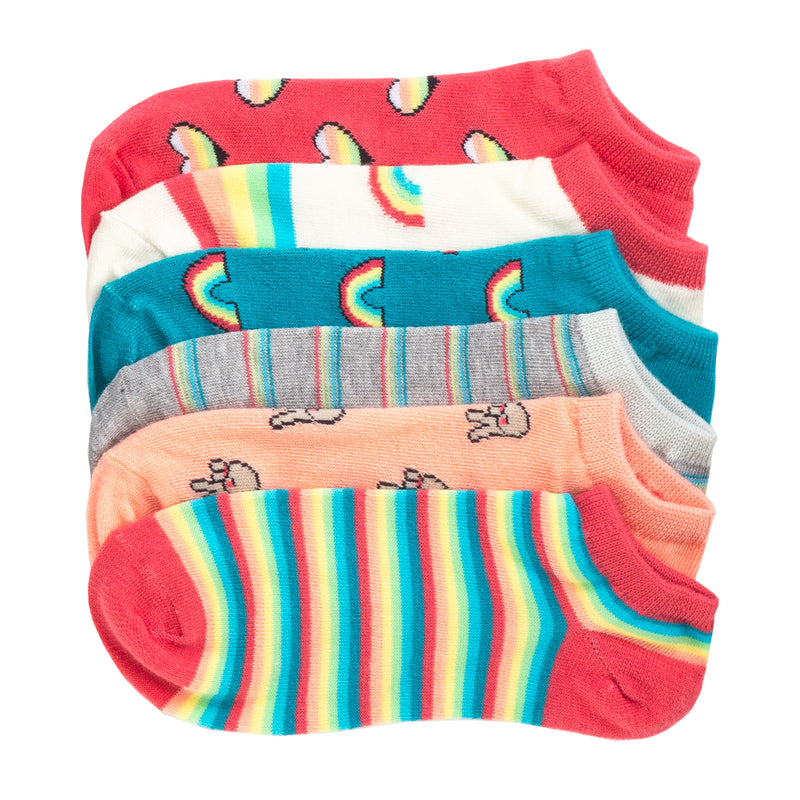 6-pack no-show socks with rainbow stripes and multicolor accents