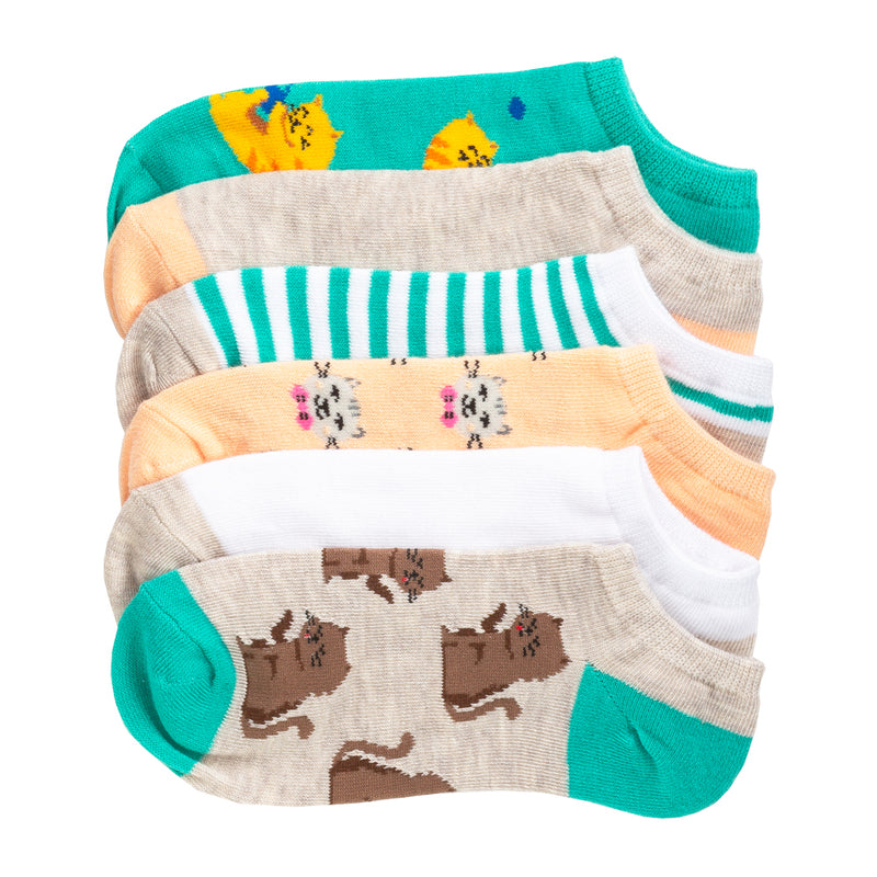 6-pack no-show socks, teal and oatmeal with cat prints and striped accents