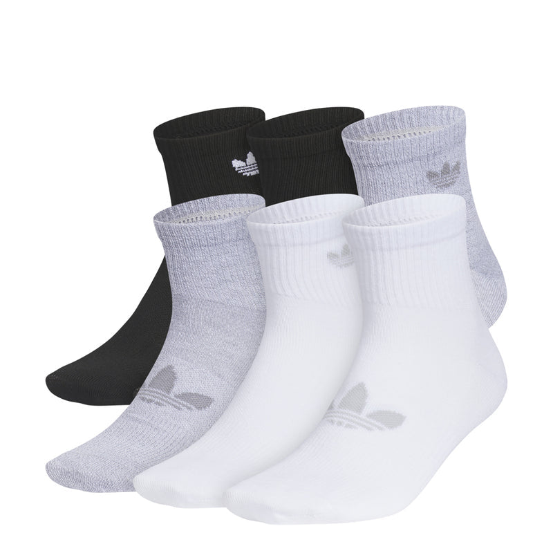 Quarter socks 6-pack in black, white, and gray with small white logo