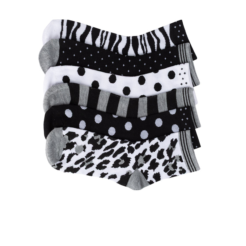 6-pack quarter socks in zebra, polka dot, stripe, leopard prints with contrast cuffs